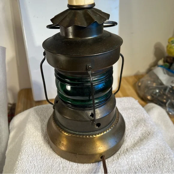 Vintage Nautical Lantern Electric Lamp Green Glass Lantern Base 3-Way Lamp - Picture 11 of 16